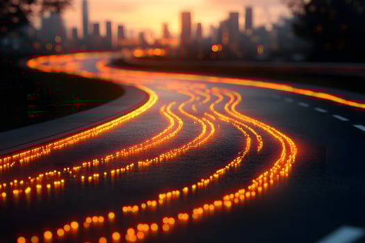 City Sunset with Illuminated Road Leading to Skyline Horizon photo