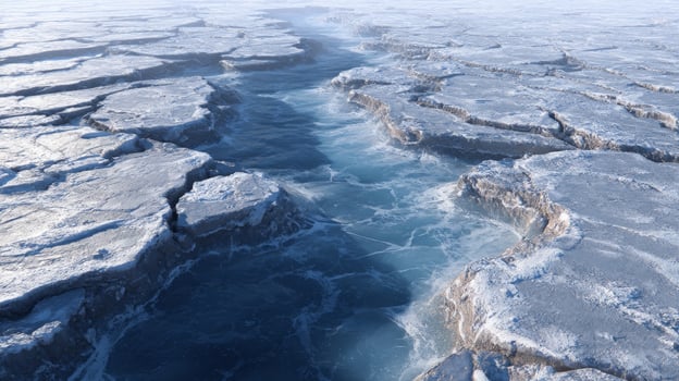 Stunning Aerial View of Cracked Ice Formations with Blue Water Flowing Through Frosty Landscape in Winter Season photo