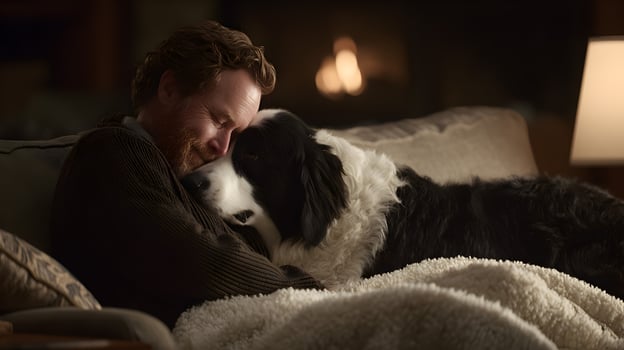 Man cuddling black and white border collie dog on couch near fireplace photo