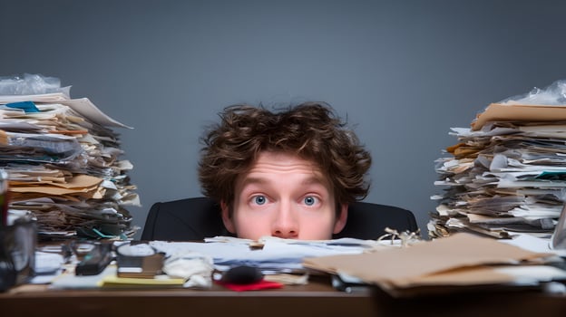 Man Overwhelmed by Paperwork at Desk Office Chaos photo
