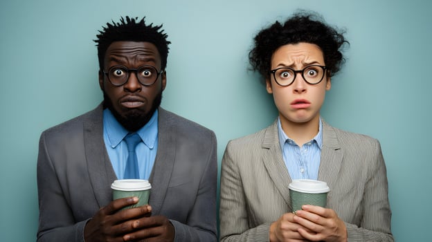 Surprised Business Colleagues Holding Coffee Cups photo