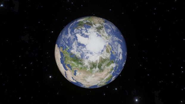 3D design of Earth in outer space with twinkling stars, showing the beauty of the universe. Suitable for background, wallpaper or creative projects. photo