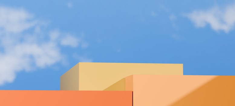 3D render of minimalist orang podium set against a bright sky blue and cloud, cosmetic products, seasonal campaigns, stylish digital presentations, perfect for showcasing modern design elements. photo