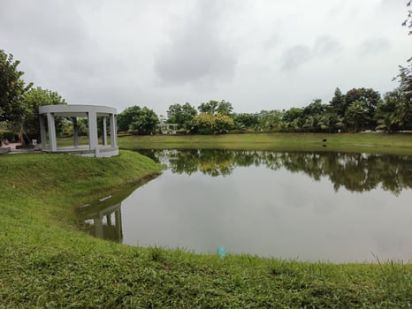 Gray Gazebo Overlooking Calm Pond Reflecting Trees Under Overcast Sky photo