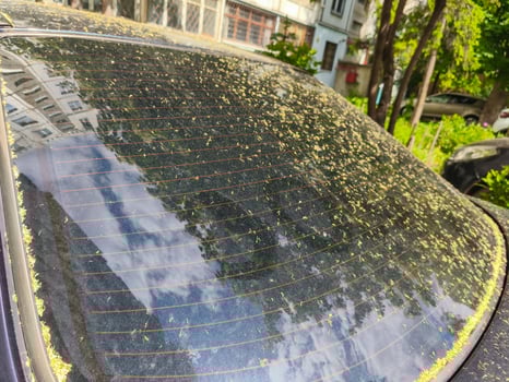 A car's windshield is covered in a layer of dirt and grime. The car is parked in a parking lot with other cars in the background photo
