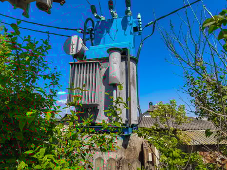 A large blue power tower with a green roof. The tower is surrounded by trees and bushes. The sky is clear and blue photo