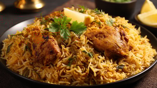 Appetizing biryani photo with long grain rice and garnished spices
