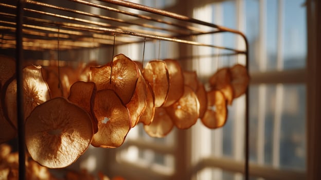 Sunlit Dried Apple Slices Hanging on a Rustic Rack photo