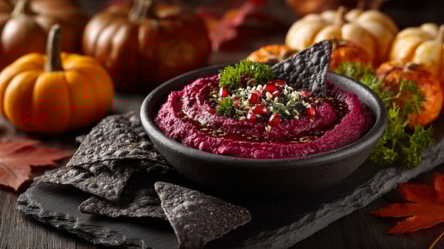 Vibrant Beetroot Hummus with Black Chips and Pumpkins photo