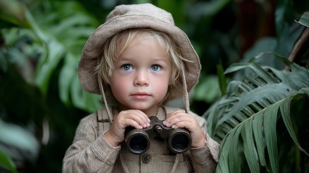 A Blonde Toddler in a Beige Hat Uses Binoculars in Lush Green Foliage photo
