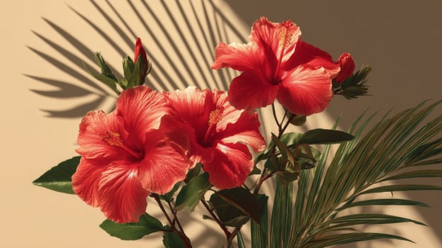 Red Hibiscus Flowers with Palm Leaves and Shadow photo