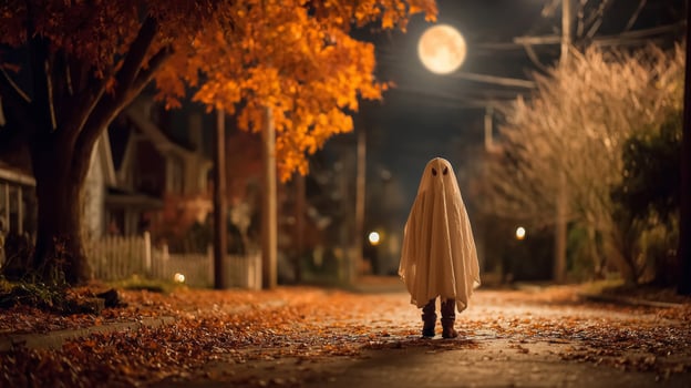 Child in Ghost Costume on Autumn Night photo