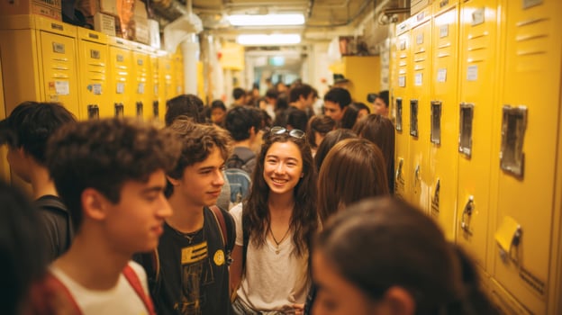 Smiling Students in a Yellow-Lockered School Hallway photo