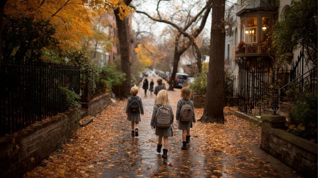 Children in Uniforms Walking on a Rainy Autumn Street photo