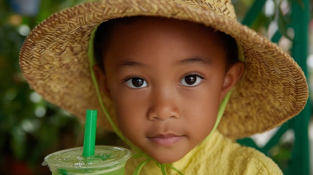 Portrait of a Sweaty Young Boy in Straw Hat with Green Drink photo