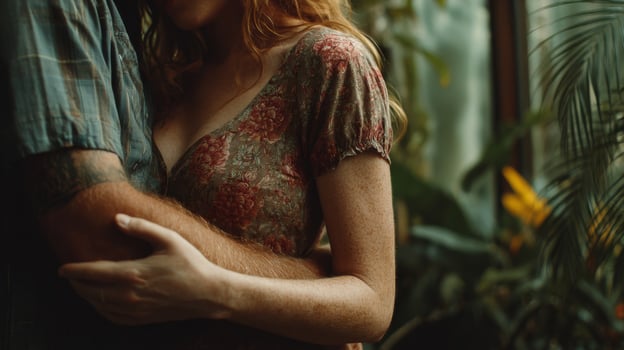Romantic Couple Embracing in a Lush Botanical Garden photo
