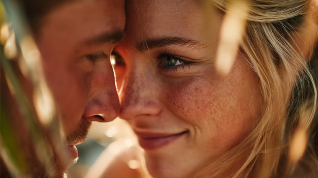 Close Up Portrait of a Young Couple Sharing a Tender Moment Outdoors at Sunset photo