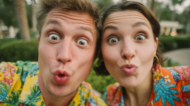 Playful Couple Closeup Portrait Outdoors photo