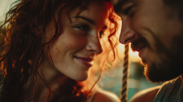 Romantic Couple Close-Up Portrait Golden Hour Lighting photo