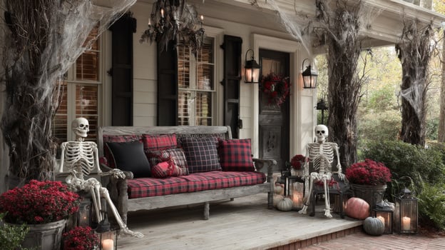 Halloween Porch Decor with Skeletons and Pumpkins photo