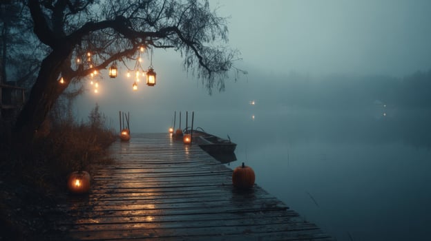 Foggy Lake at Night with Lanterns and Pumpkins photo