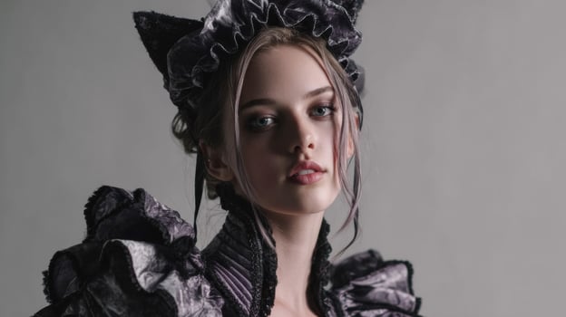 Portrait of a Woman in Elegant Grey and Black Ruffled Clothing photo
