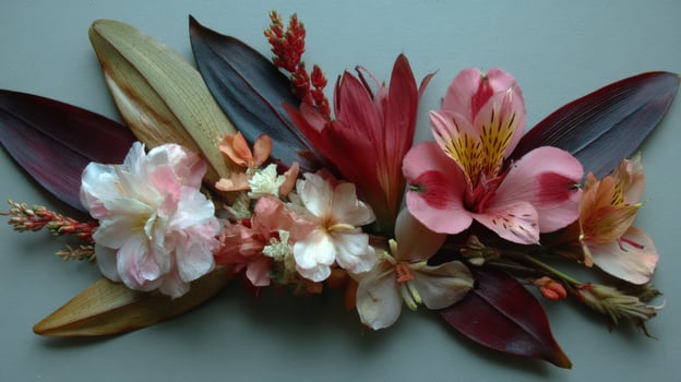 Delicate Floral Arrangement with Pink and Red Flowers and Brown Leaves photo