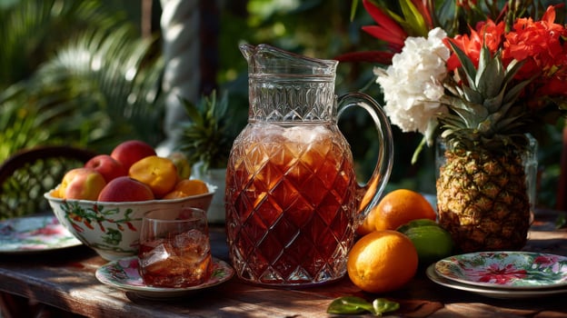 Iced Tea Pitcher with Fruit on Outdoor Table photo