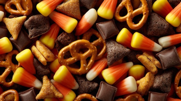 Halloween Candy Mix Close-Up of Chocolate, Pretzels, and Candy Corn photo