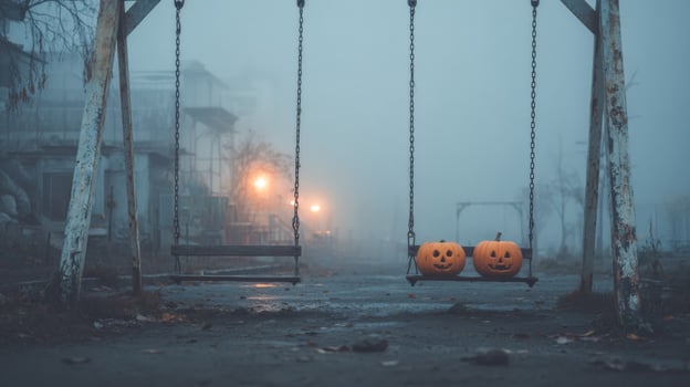 Spooky Pumpkins on Swing Set in Foggy Abandoned Place photo