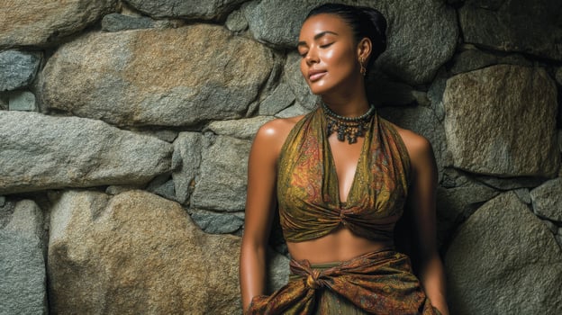 Serene Woman Resting Against Stone Wall photo