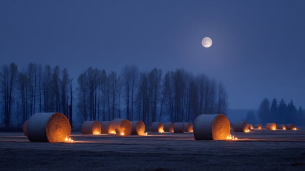 Hay Bales Illuminated by Moonlight in a Winter Field photo