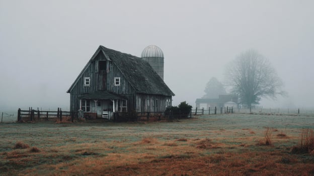 Old Gray Barn in a Foggy Field photo