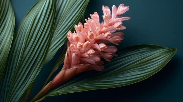 Pink Tropical Flower with Lush Green Leaves on Dark Background photo