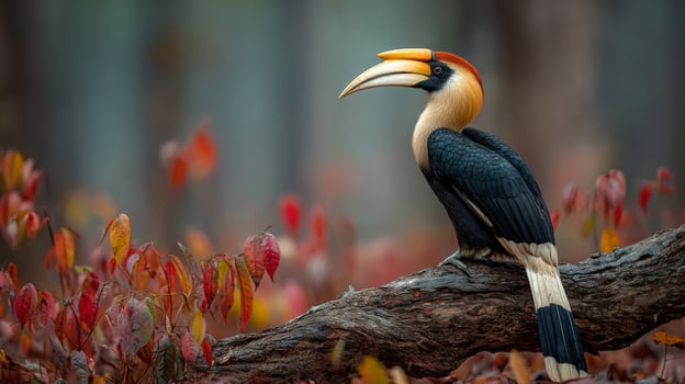 Rufous-necked Hornbill Perched on Branch in Autumn Forest photo