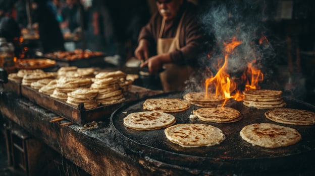 Vendor Cooking Flatbread on Open Fire at a Busy Market photo