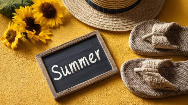 Summer Still Life with Sunflowers, Straw Hat, and Sandals photo