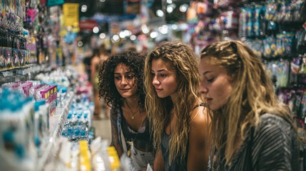 Three Young Women Browsing Products in a Brightly Lit Store Aisle photo