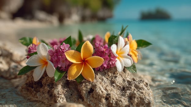 Vibrant Tropical Flower Crown on Sandy Beach photo