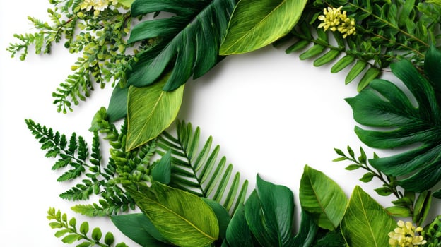 Green Tropical Leaves Frame on White Background photo