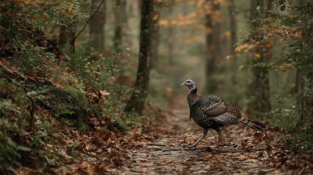 Wild Turkey Walking on Autumn Forest Trail photo