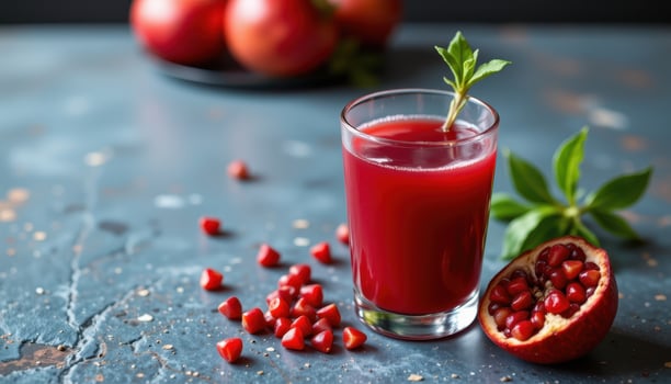 a pomegranate juice glass with seeds scattered nearby. photo