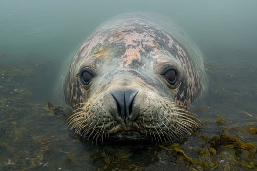 Grey seal emerging from water with seaweed wildlife portrait photo