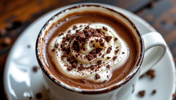 a hot chocolate topped with whipped cream and chocolate shavings. photo