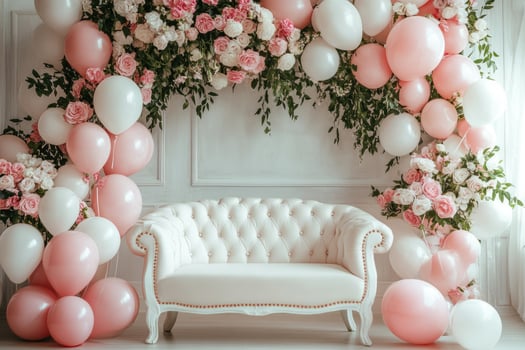 White sofa surrounded by pink and white balloons and flowers decoration photo