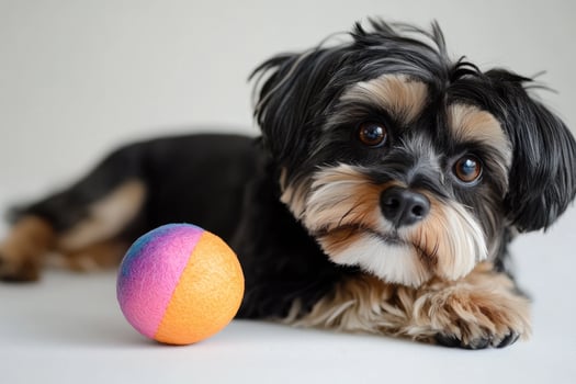 Adorable puppy resting near colorful ball on white background photo