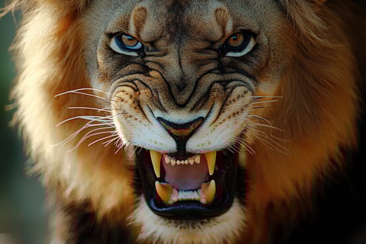 Portrait of a majestic male lion showing its teeth and roaring photo