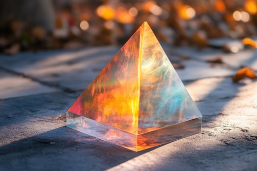 Glass pyramid reflecting sunlight in autumn background photo