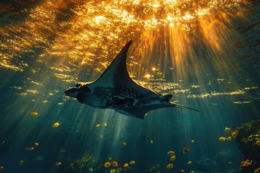 Giant oceanic manta ray swimming in golden sunbeams underwater photo