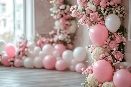 Birthday party decoration with pink and white balloons. photo
